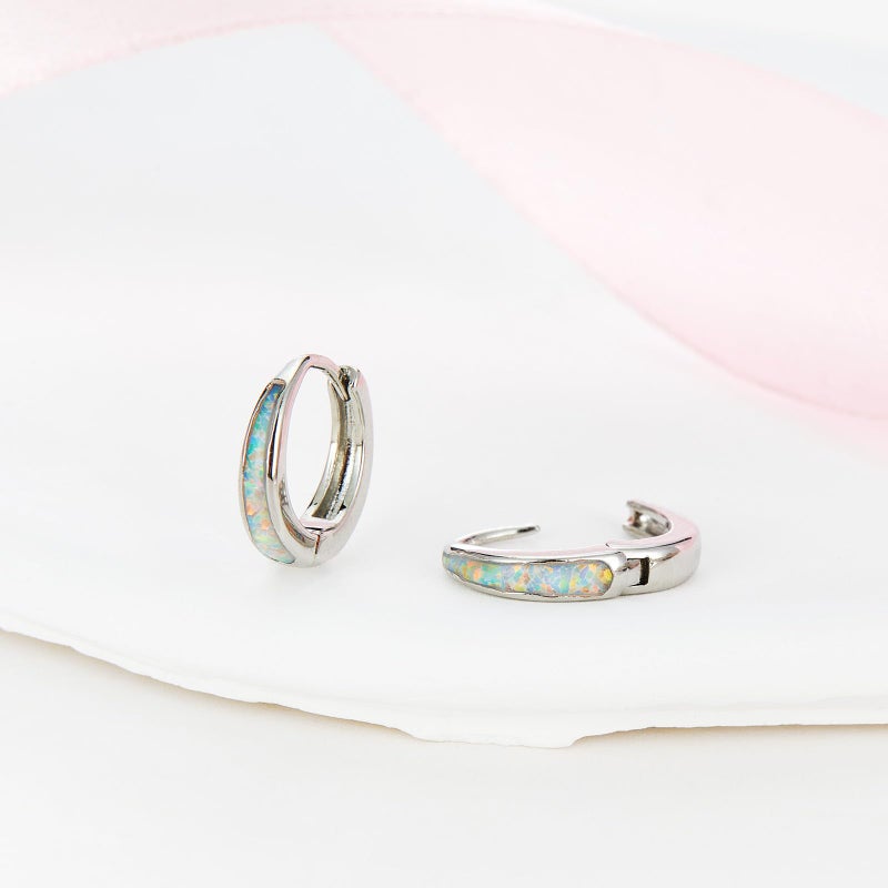 Jacruces Silver Earrings for Women Trendy White Opal Huggie Earrings Small Silver Hoop Earring 14k Gold Plated Opal Jewelry Birthday Gifts for Women Mom Her - Image 5