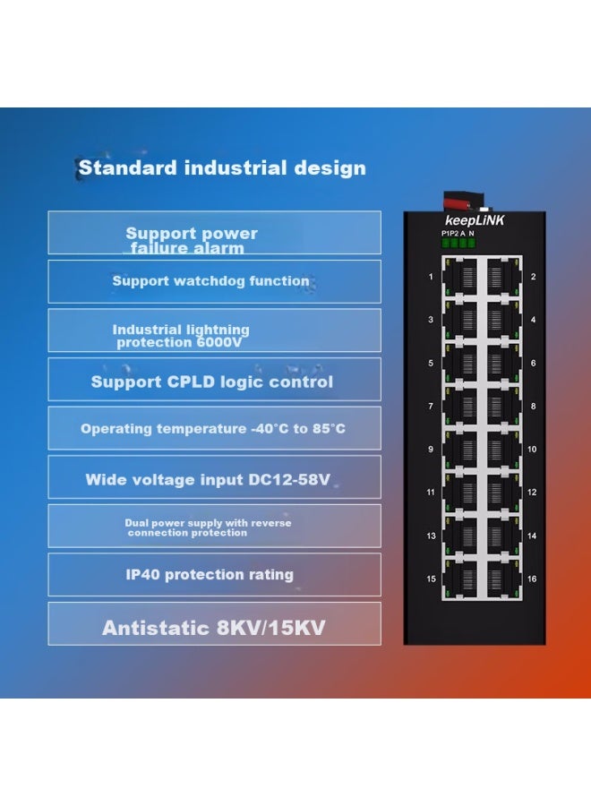 Keeplink Kp-9000 Industrial Switch, 16 Gigabit Ports, Unmanaged, Rack-mounted, Per Unit - Image 2