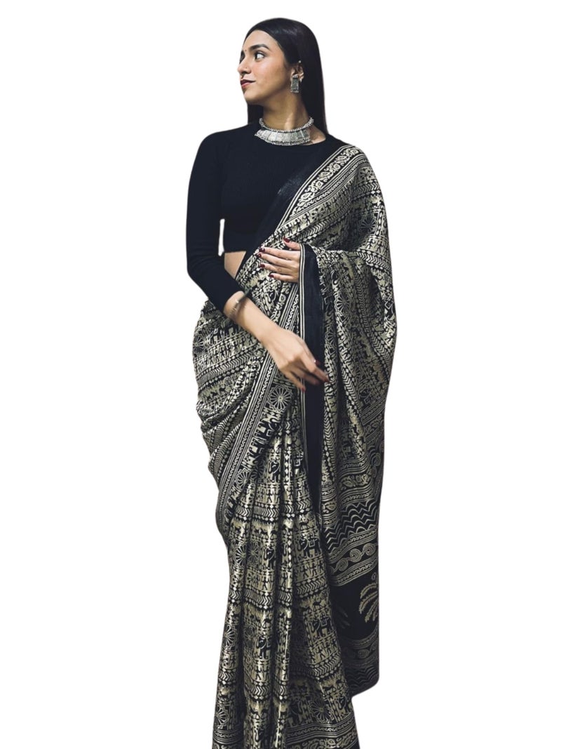 EthnicJunction Women's Art Silk Kalamkari Print Saree With Blouse Piece,black - Image 1