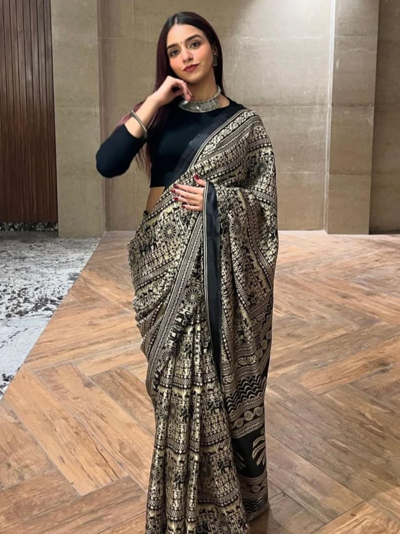 EthnicJunction Women's Art Silk Kalamkari Print Saree With Blouse Piece,black - Image 3