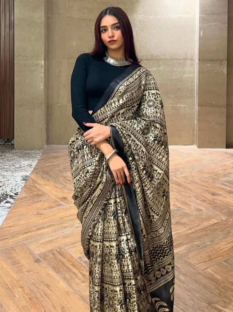 EthnicJunction Women's Art Silk Kalamkari Print Saree With Blouse Piece,black - Image 2