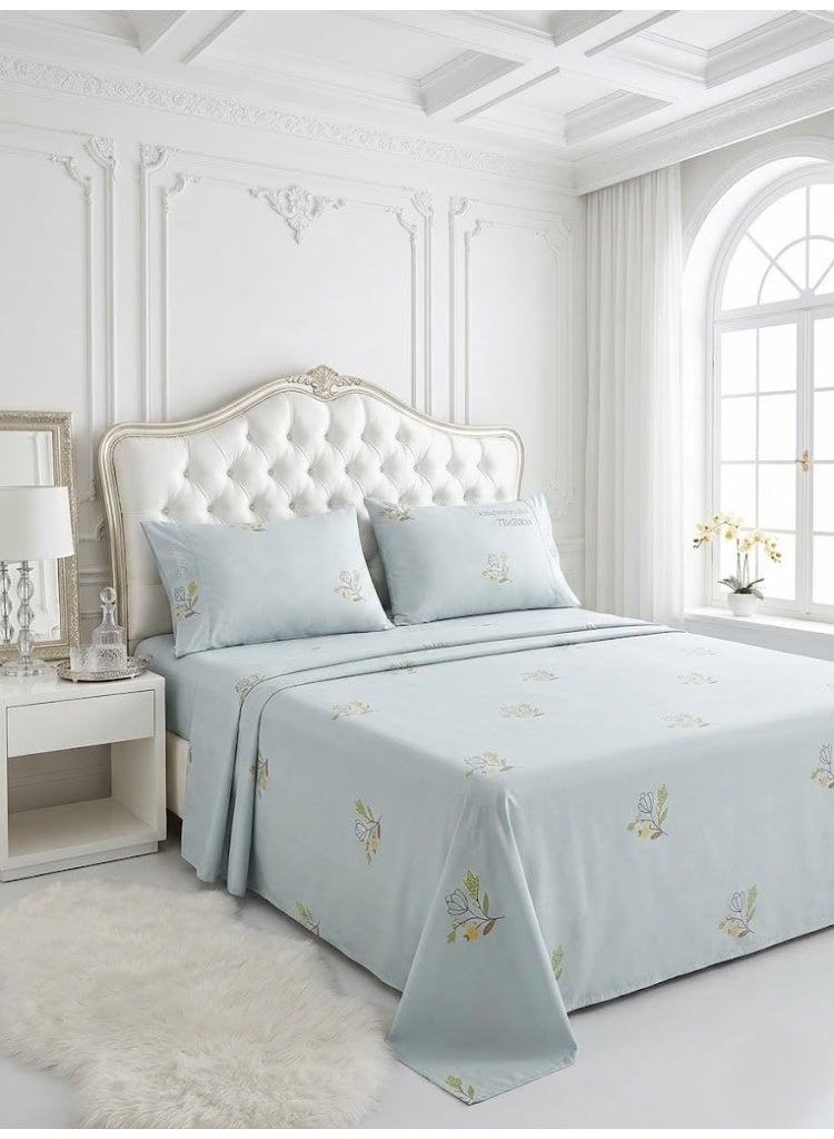 3-Piece 150 GSM Microfiber King Size Bed Sheet Set - Minimalist Botanical Floral Print on Light Blue, Includes 1 Flat Sheet (270x250 CM) & 2 Pillowcases (50x75 CM) - Image 1