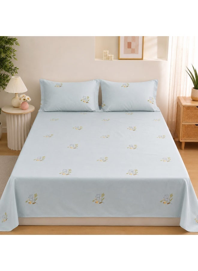 3-Piece 150 GSM Microfiber King Size Bed Sheet Set - Minimalist Botanical Floral Print on Light Blue, Includes 1 Flat Sheet (270x250 CM) & 2 Pillowcases (50x75 CM) - Image 2