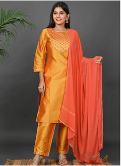 Riara Riara Embroidery Women Kurti Set With Dupatta Yellow Round Neck S  - Image 1