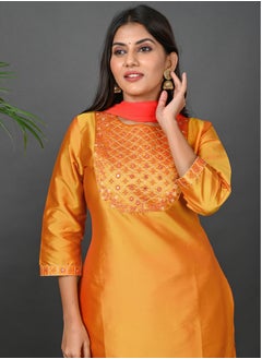 Riara Riara Embroidery Women Kurti Set With Dupatta Yellow Round Neck S  - Image 3