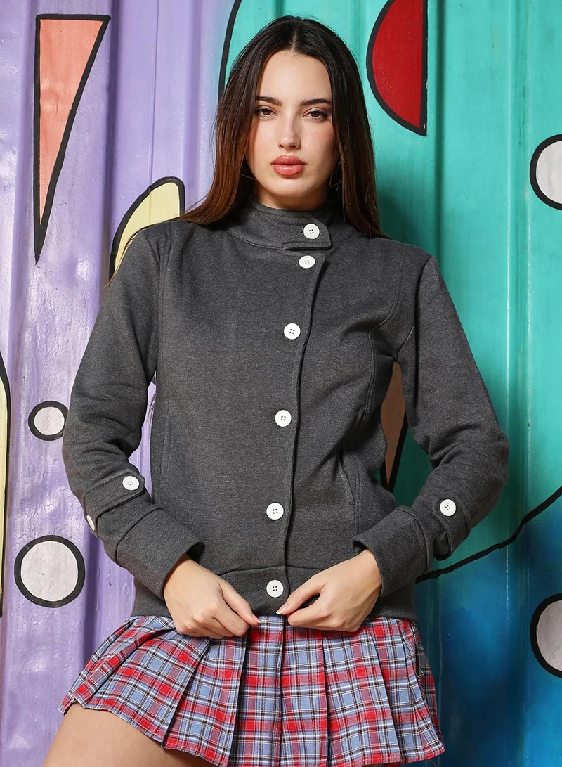 Campus Sutra Women's Charcoal Grey Solid Knit Jacket