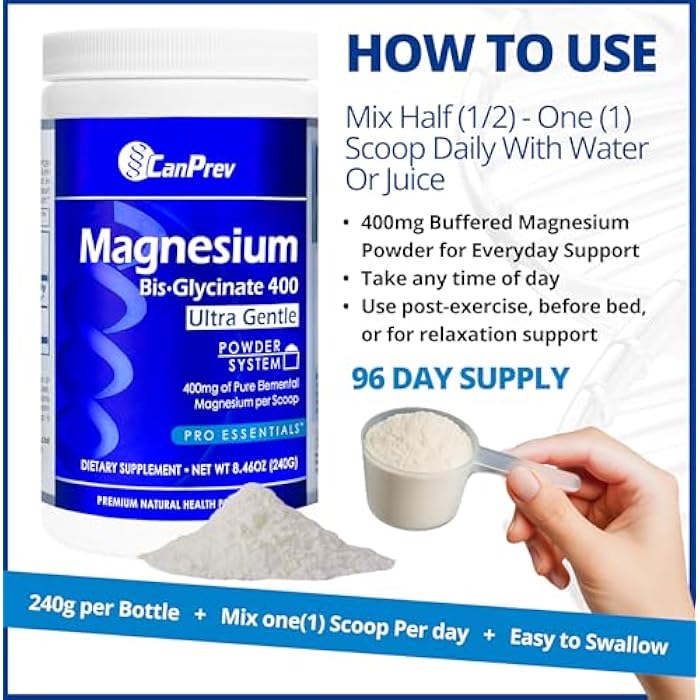 CanPrev Magnesium Bisglycinate 400 Ultra Gentle Powder 240g 48 Servings, 400mg Elemental Magnesium Per Scoop, Supports Restful Nights, Muscle Function, Gentle on Digestion, Vegan, Non-GMO, Gluten-Free - Image 5