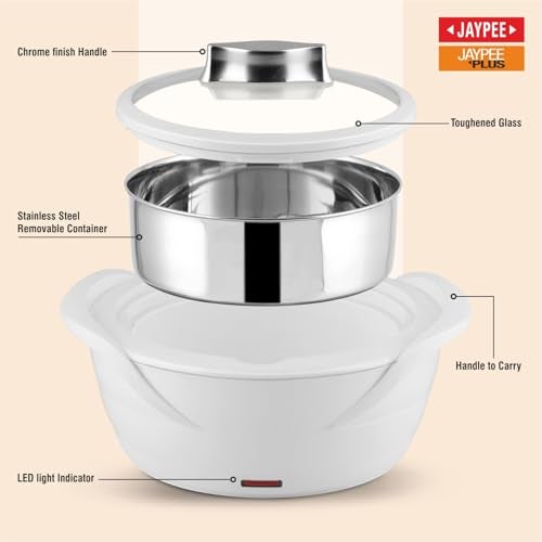Jaypee Plus Power Serve Inner Stainless Steel Electric Casserole with Glass Lid, 1500 ml, Removable Steel Bowl for Easy Cleaning |Food Grade Serving Set |Ideal For Serving Warm Dish, White - Image 4