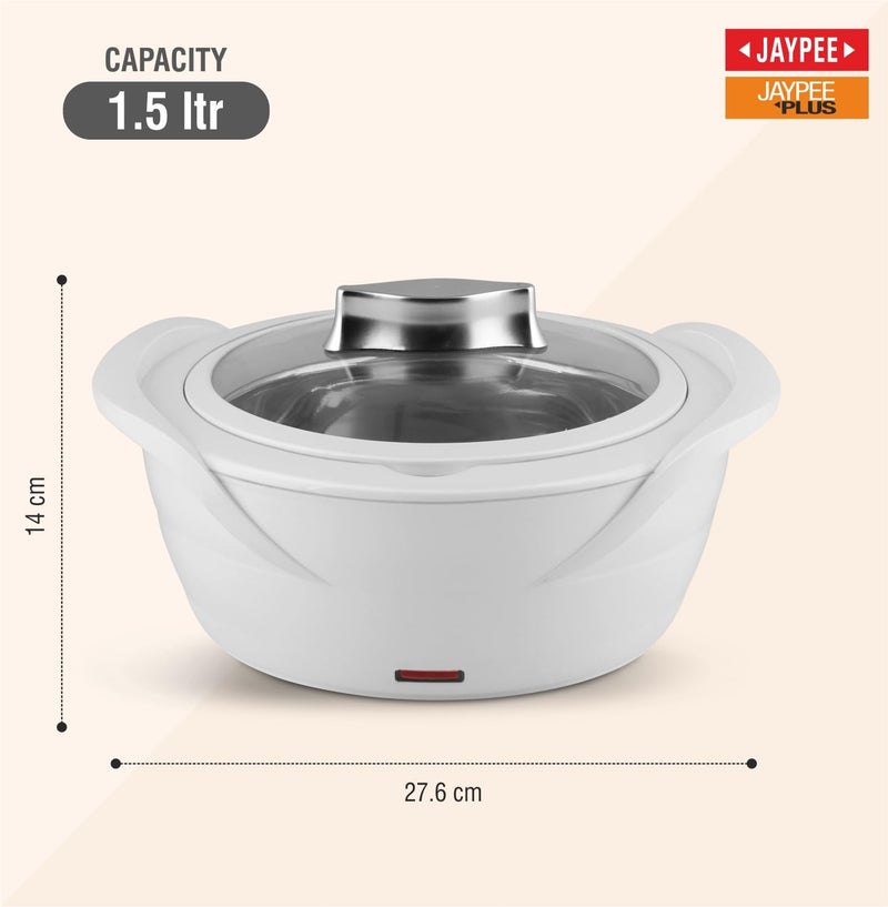 Jaypee Plus Power Serve Inner Stainless Steel Electric Casserole with Glass Lid, 1500 ml, Removable Steel Bowl for Easy Cleaning |Food Grade Serving Set |Ideal For Serving Warm Dish, White - Image 2