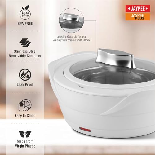 Jaypee Plus Power Serve Inner Stainless Steel Electric Casserole with Glass Lid, 1500 ml, Removable Steel Bowl for Easy Cleaning |Food Grade Serving Set |Ideal For Serving Warm Dish, White - Image 5