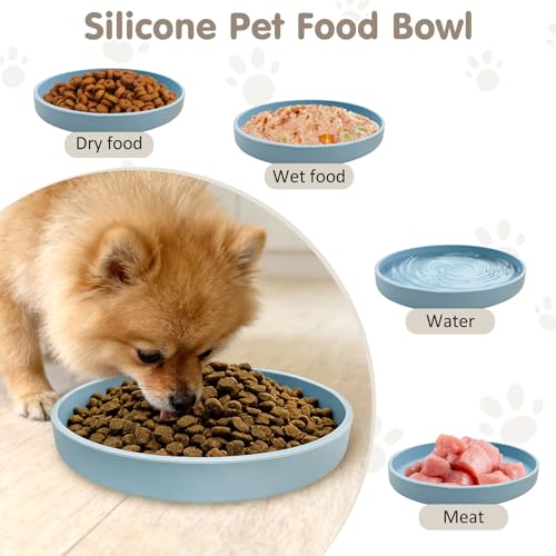 VCEPJH Silicone Dog Plates for Food Shallow Pet Bowl Flat Puppy Food Bowl Whisker Fatigue Cat Feeding Bowls Noiseless Dishes for Dry and Wet Food (Round Blue) - Image 5