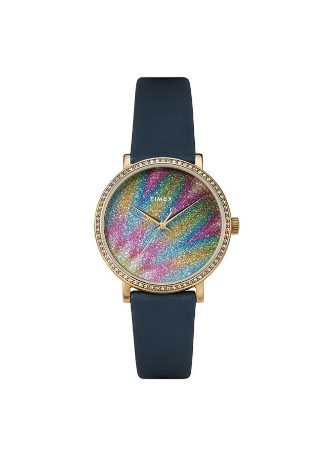 تيميكس ساعة TIMEX للنساء بهيكل نحاسية ذهبية وسوار جلدي أزرق - Image 1