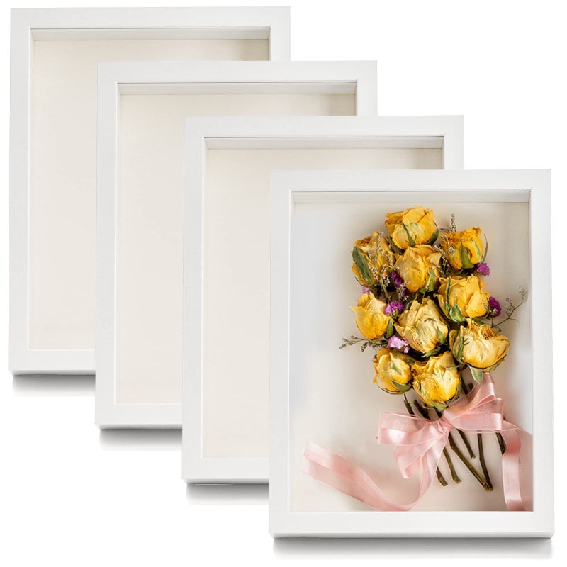 Hacaroa Hacaroa 4 Pack Shadow Box Frame 8x6 Wood Picture Frame Memory Display Case for Bouquets Photos Medals Wall Tabletop White 