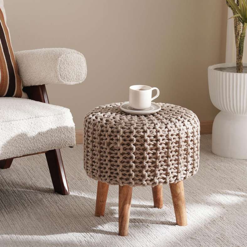 Pan Home مسند قدم محبوك بالكابل باللون البيج للمنزل