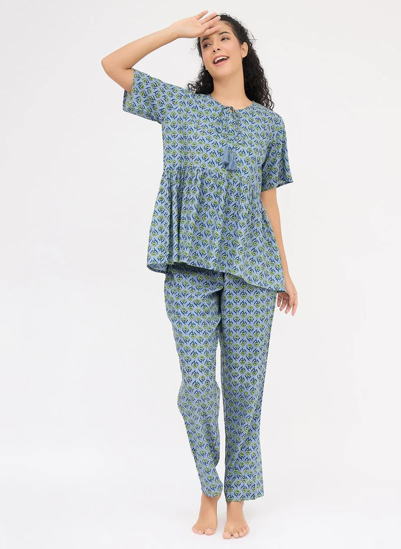 كلوفيا Clovia Floral Print Peplum Top & Pyjama Set in Stone Blue - Rayon