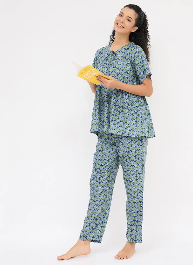 كلوفيا Clovia Floral Print Peplum Top & Pyjama Set in Stone Blue - Rayon