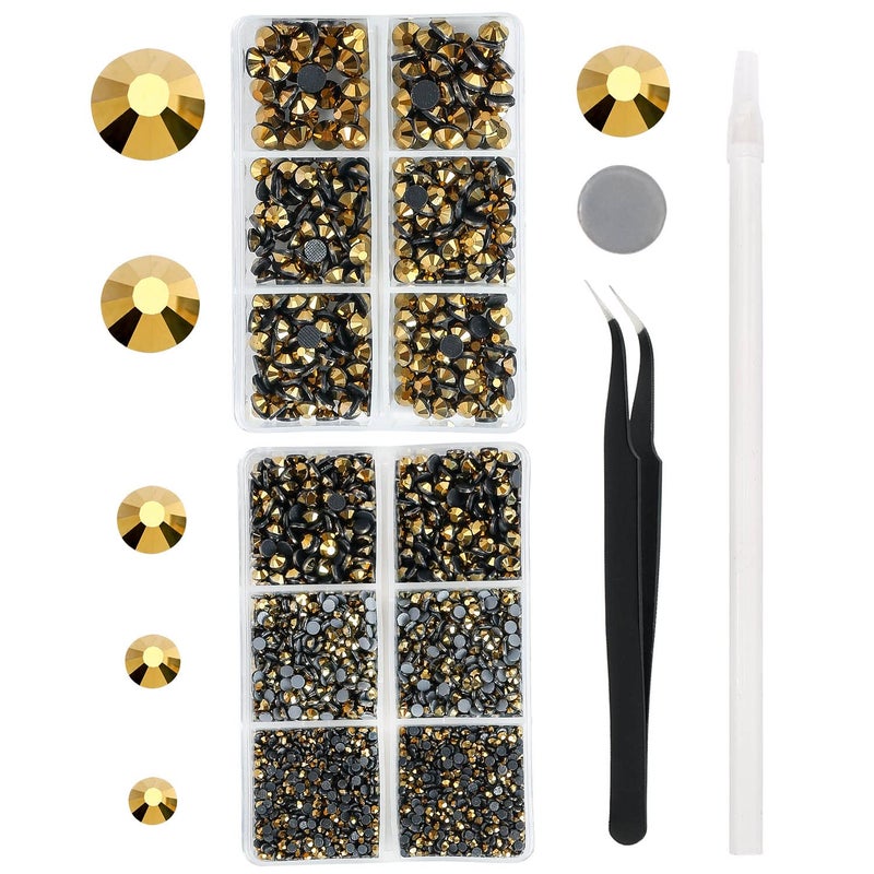 MEIBITE MEIBITE 6796PCS Gold Hotfix Rhinestones Crystal Stones Glass for Fabric Clothes Shirts Sparkly Flat Back Round with Tweezers and Picking Pen SS6SS30 Set