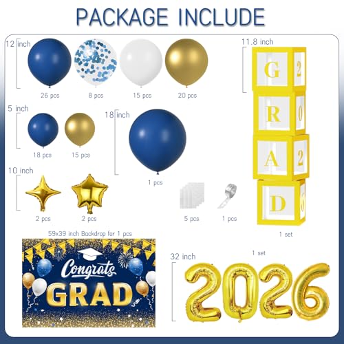 Janinus Navy Blue and Gold Graduation Balloons Garland Arch Kit with Backdrop GRAD Balloon Box and Number 2026 Balloons for Graduation Decorations Class of 2026 Grad Party Supplies - Image 3