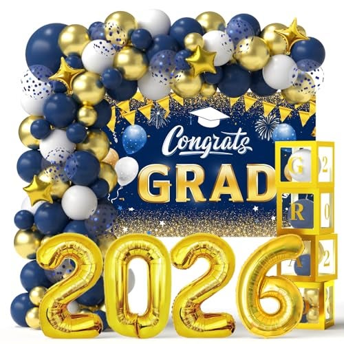 Janinus Navy Blue and Gold Graduation Balloons Garland Arch Kit with Backdrop GRAD Balloon Box and Number 2026 Balloons for Graduation Decorations Class of 2026 Grad Party Supplies - Image 1