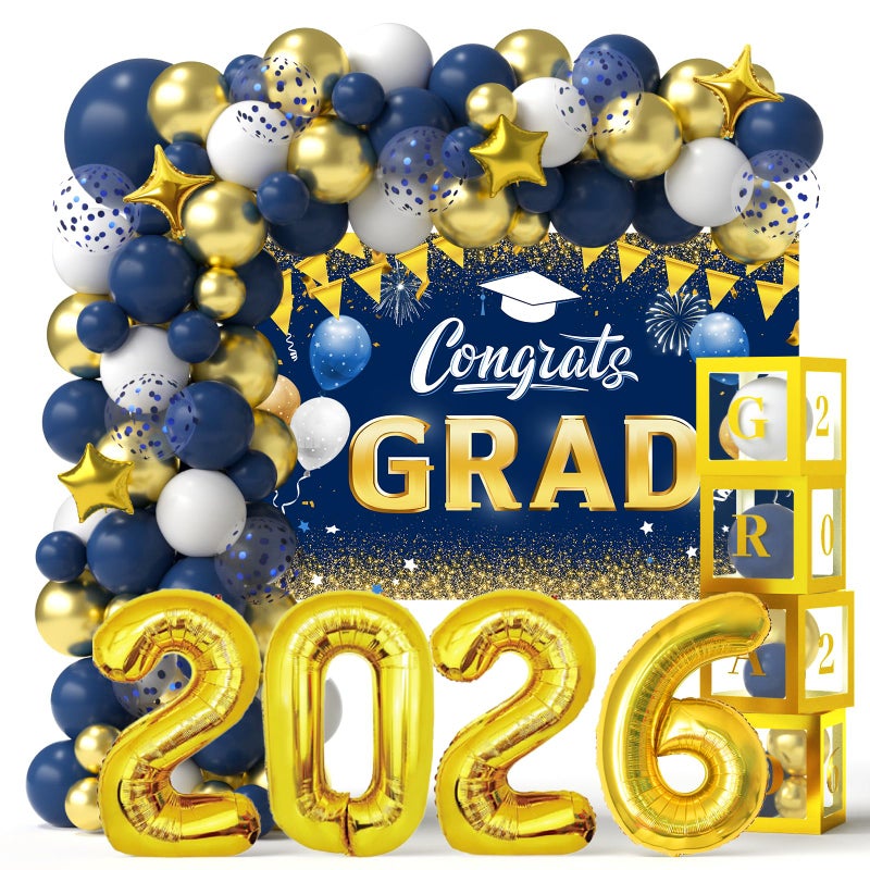 Janinus Navy Blue and Gold Graduation Balloons Garland Arch Kit with Backdrop GRAD Balloon Box and Number 2026 Balloons for Graduation Decorations Class of 2026 Grad Party Supplies - Image 2
