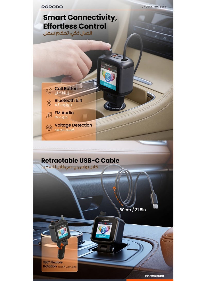 porodo Voltrush Multi-Port USB Car Charger with TFT Display & Retractable Cable / 180° Rotation / All-In-One Design / High-Speed Charging / Simultaneous Charging - Black - Image 3
