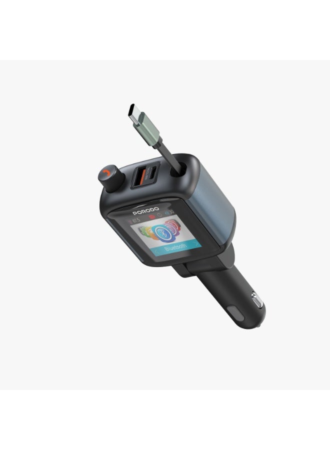 porodo Voltrush Multi-Port USB Car Charger with TFT Display & Retractable Cable / 180° Rotation / All-In-One Design / High-Speed Charging / Simultaneous Charging - Black - Image 5