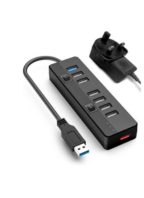 USB 3.0 Hub Powered With 10W Power Adapter，1 Port USB 3.0+ 6 Port USB 2.0 Data Hub Portable USB Splitter with Individual On/Off Switches for Mouse, Keyboard, Hard Drive and More USB Devices