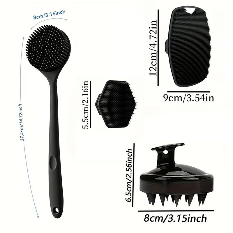 Black Silicone 4 Pc Shower Brush Set For Body Face Scalp Massage Deep Cleansing Exfoliation Non Slip Grip - Image 3