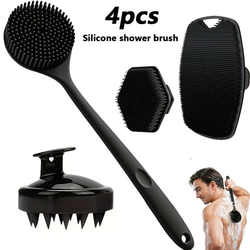 Black Silicone 4 Pc Shower Brush Set For Body Face Scalp Massage Deep Cleansing Exfoliation Non Slip Grip - Image 1