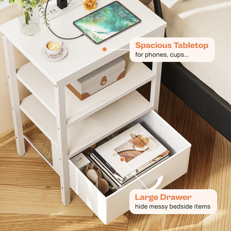 SUPERJARE Nightstand Set of 2, Bed Side Tables with Charging Station, Adjustable Fabric Drawer, Night Stand for Bedroom, 3-Tier Storage End Tables, White, 8694WC - Image 5