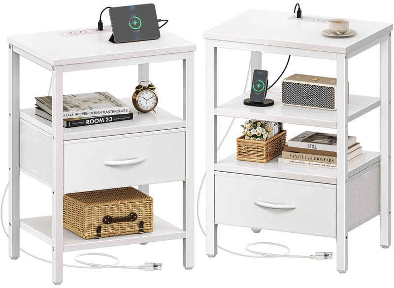 SUPERJARE Nightstand Set of 2, Bed Side Tables with Charging Station, Adjustable Fabric Drawer, Night Stand for Bedroom, 3-Tier Storage End Tables, White, 8694WC - Image 1