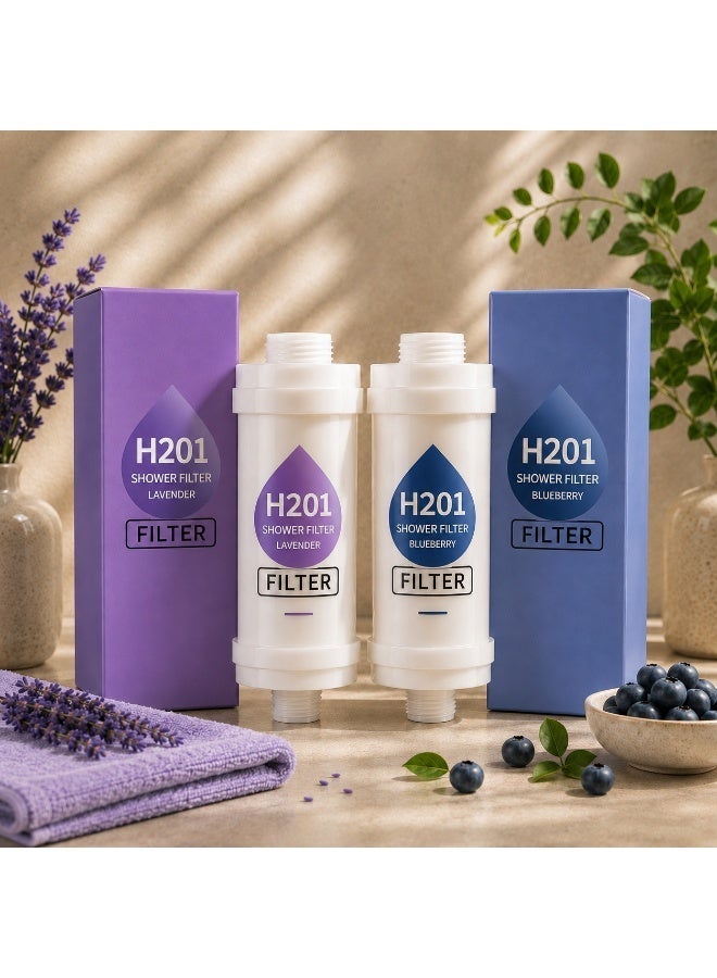 Loveno Shower Filter, Blueberry & Lavender Scent, 2-Pack Offer, Multi-Layer Vitamin C Water Filter for Water Purification. Helps Reduce Impurities, Chlorine Residue, and Fluoride. Equipped with Filtration Beads to Help Relieve Dry Skin and Hair, with Quick and Easy Installation - Image 1