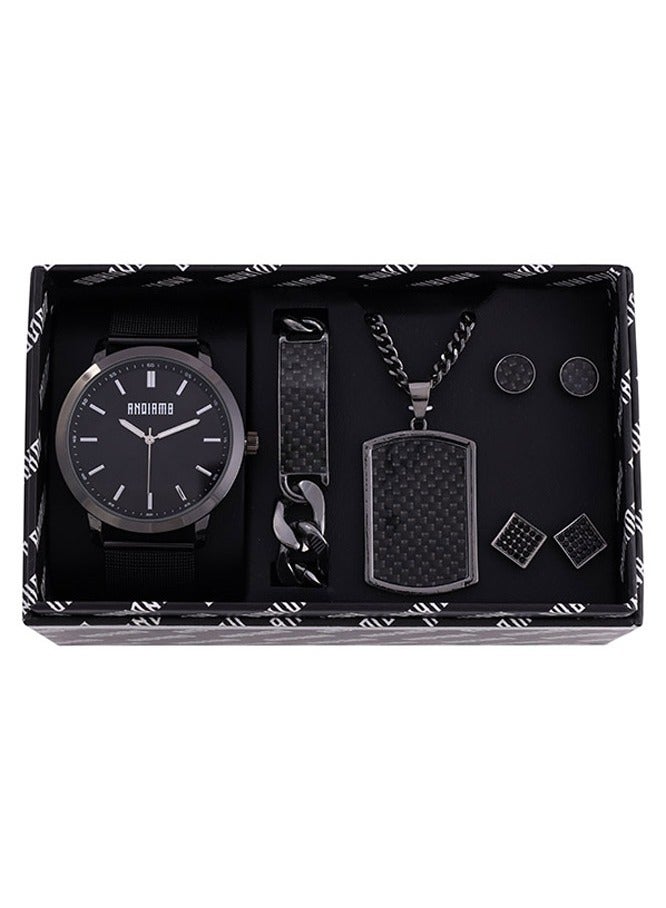 ANDIAMO Men's Analog Black Case Black Dial Black Leather Strap Set Watch 