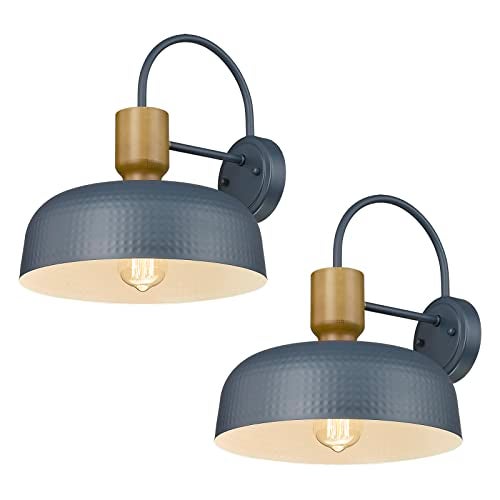 Darkaway Modern Barn Light Fixtures Wall Lamps Sconces with Hammered Metal Shade, Blue Lighting for Outdoor Indoor Patio Porch Lights, 2 Pack - Image 1