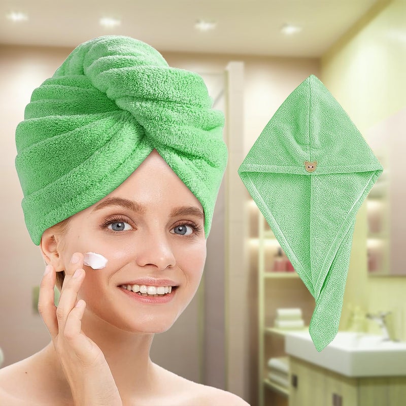 CANWAY 2 Pieces 500 GSM Quick Drying Microfiber Hair Towel Wrap for Womens Super Absorbent with Elastic Loop Green - Image 1