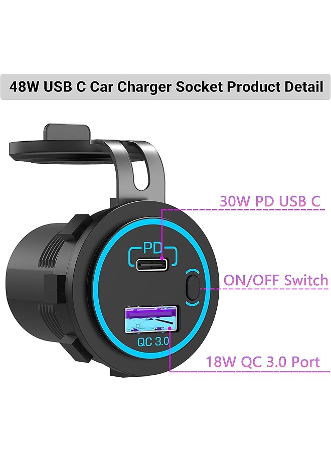 KASTWAVE Usb Car Fast Charger Socket, 12V Pd 3.0 & Quick With On/Off Button For 12V/24V Car Boat Golf Cart Marine Rv Motorcycle.（Extension Cord Not Included） - Image 5