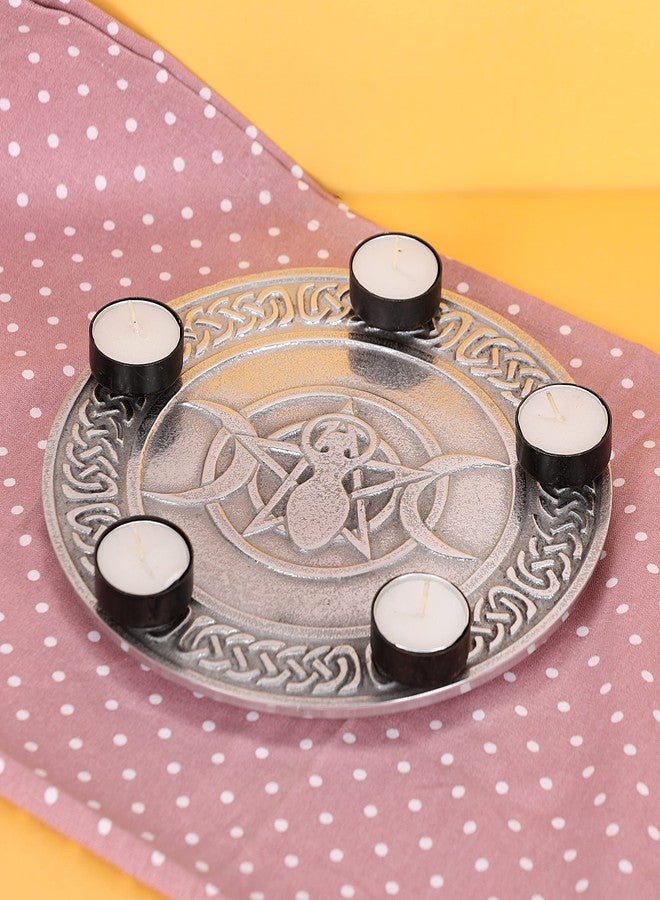 NIM Aluminium Plate with 5 tealight Candle Holder with Tripple Moon Godess Sigh Highlighted on Centre of it Also Used as Table Decor - Image 2