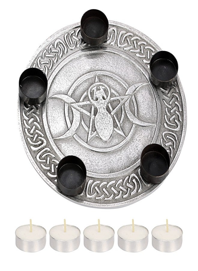 NIM Aluminium Plate with 5 tealight Candle Holder with Tripple Moon Godess Sigh Highlighted on Centre of it Also Used as Table Decor - Image 5