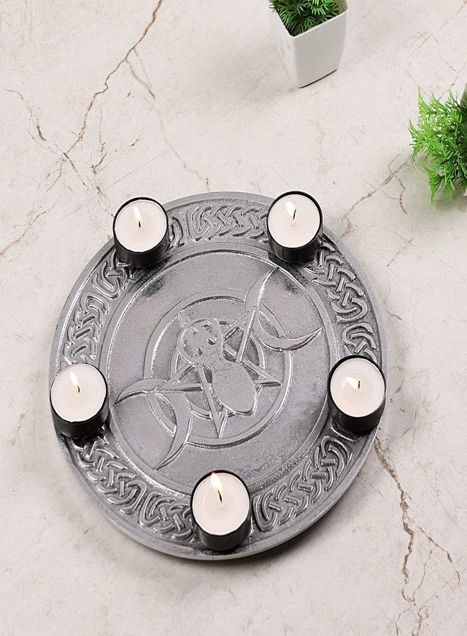 NIM Aluminium Plate with 5 tealight Candle Holder with Tripple Moon Godess Sigh Highlighted on Centre of it Also Used as Table Decor - Image 1