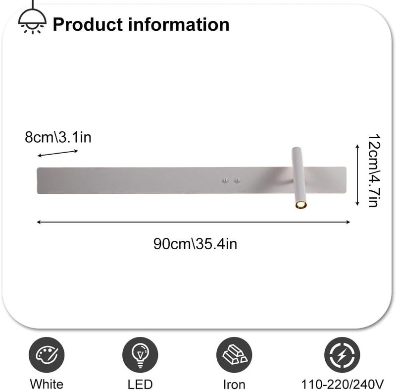 Minimalist LED Wall Sconce Linear Light with Adjustable Spotlight Long Strip Lamp Indoor, Living Room Sconces Lighting Bedroom Bedside Reading Lights (White 90cm/35.4in) - Image 5