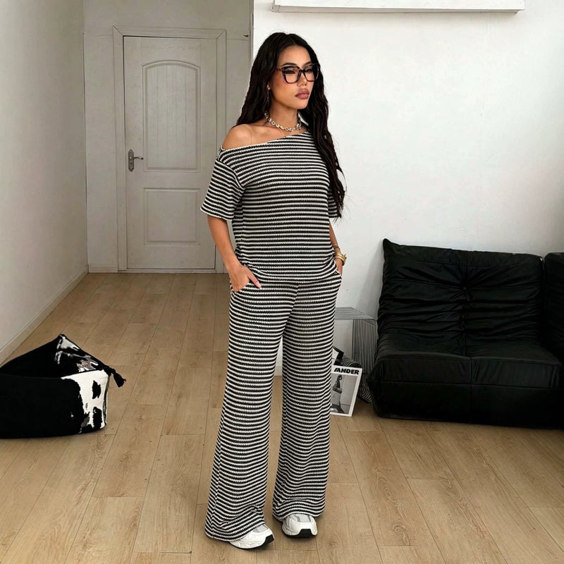 Black and White Striped Off-Shoulder Short Sleeve Two-Piece Set Top + Wide-Leg Pants - Image 3