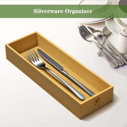 guiogc Bamboo Drawer Silverware Organizer, Utensil Organizer, Bamboo Storage Box Wood Silverware Tray for Drawer Set of 2 - Image 4