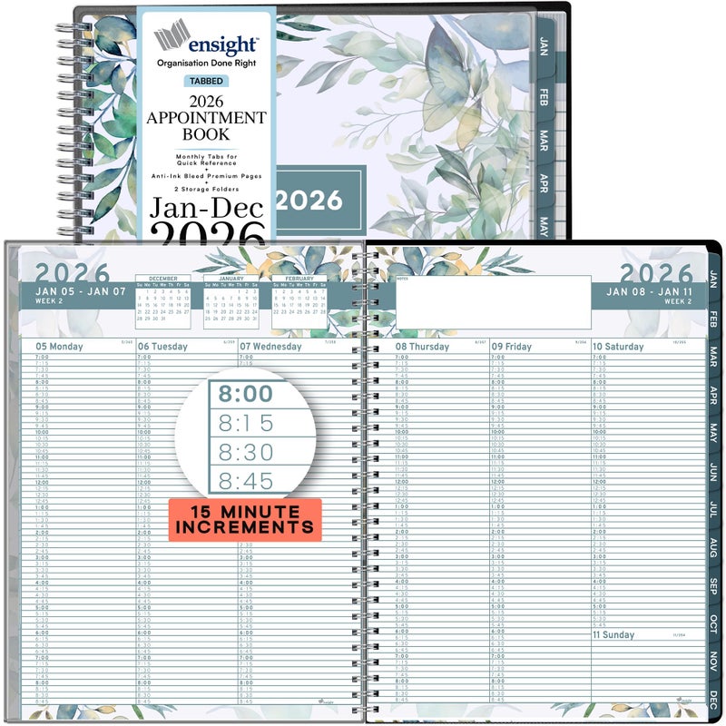 Ensight 2026 Appointment Book and Planner 8.5" x 11" Large Hourly Weekly Daily Schedule Planner with Tabs, 15 Minute Time Slots, Floral Calendar Organizer Jan 2026 â€“ Dec 2026 Appointment Book - Floral - Image 1