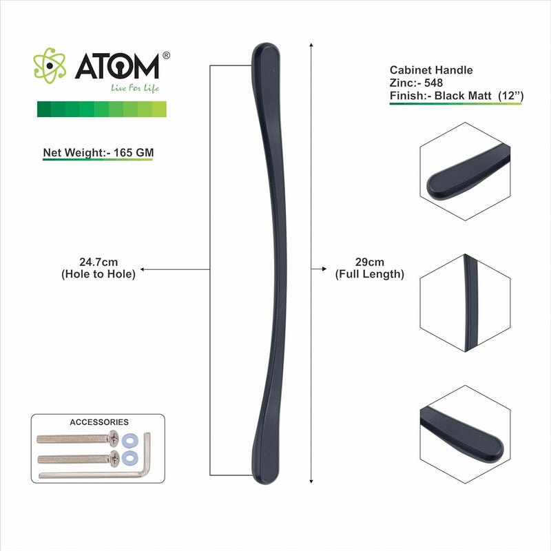 ATOM 11.8 Inch Zinc Handle | Black Matt Finish | Wardrobe Grip, Drawer Fitting, Cupboard Knob, Cabinet Bar | Pack of 2 | CH-548 - Image 5