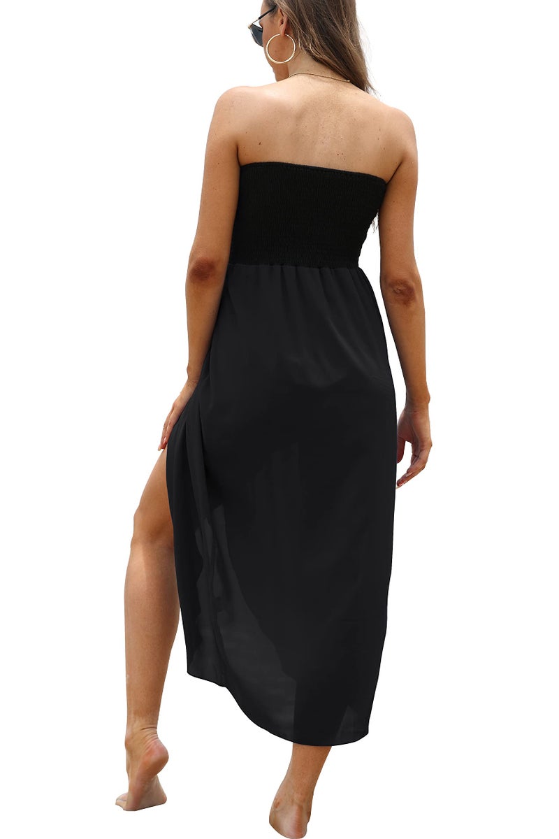 CHICGAL Women's Beach Dress Casual Maxi Dress Strapless Hawaiian Cover Ups Chiffon Wrap Sundress (Black, M) - Image 4