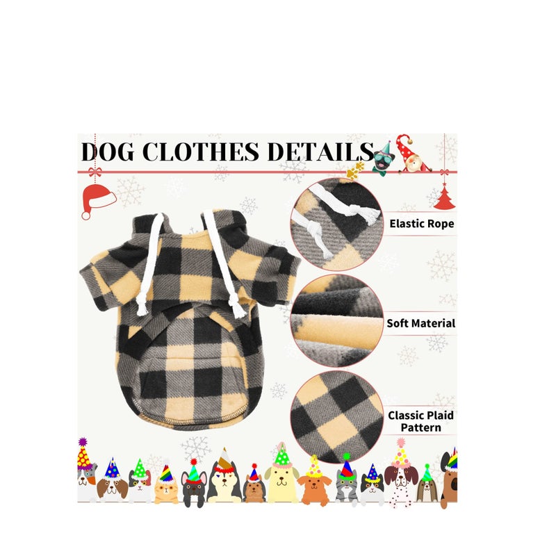 SOLARAE 2 Pieces Plaid Dog Hoodies Buffalo Dog Hooded Sweatshirts Dog Cold Weather Coats Pet Clothes Apparel with Pocket for Small Medium Dogs (Black White, Beige Black,Medium) - Image 3