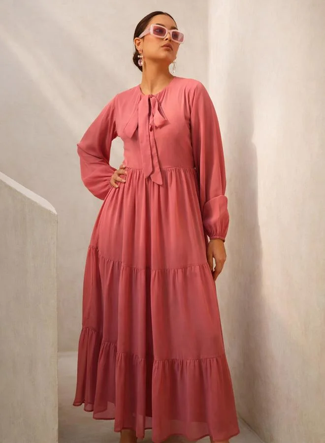 SASSAFRAS Pink Tie-Up Neck Long Sleeve Tiered Maxi Dress
