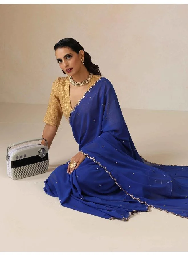 trueBrowns trueBrowns Blue Georgette Embroidered Saree With unstitched Blouse