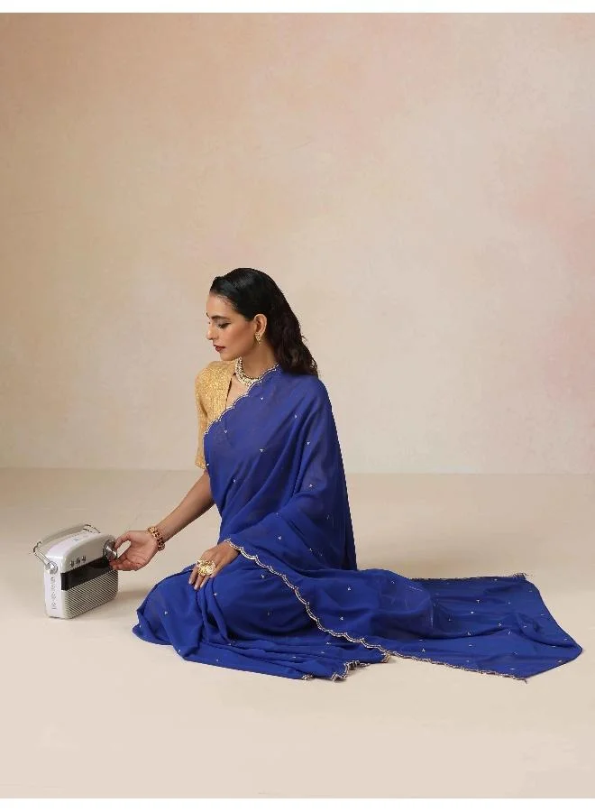 trueBrowns trueBrowns Blue Georgette Embroidered Saree With unstitched Blouse