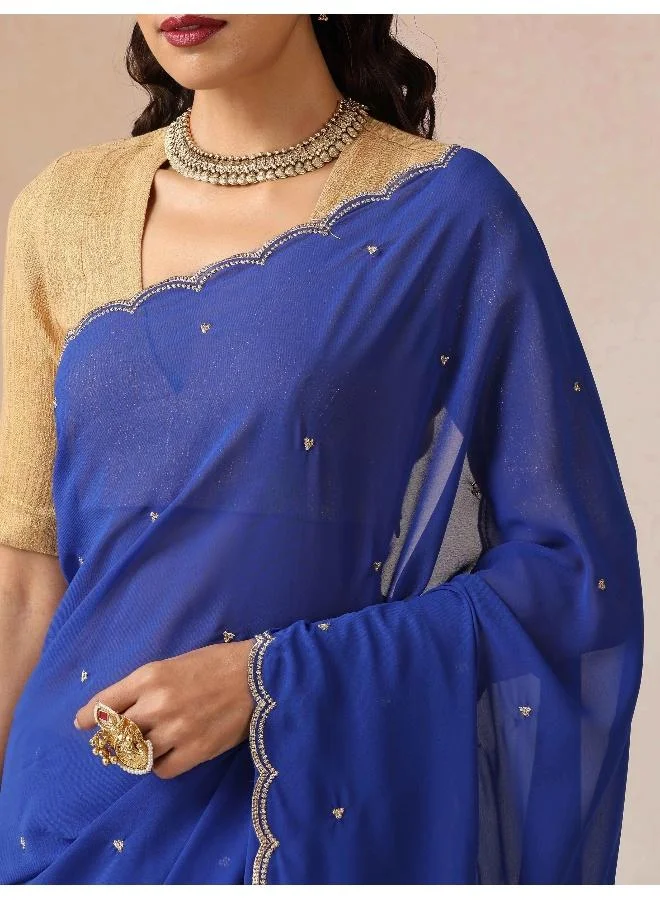 trueBrowns trueBrowns Blue Georgette Embroidered Saree With unstitched Blouse